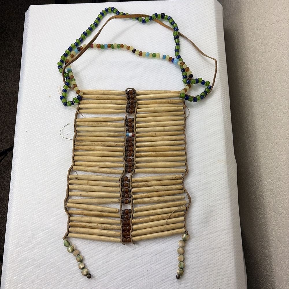 Hand Made Native American Bone Pipe Beaded Breast Plate